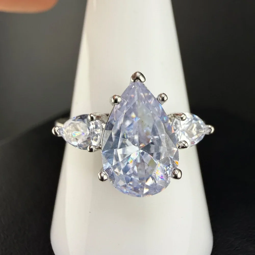 Vintage Cocktail Ring Silver Tone Rhinestone Pear Size 10